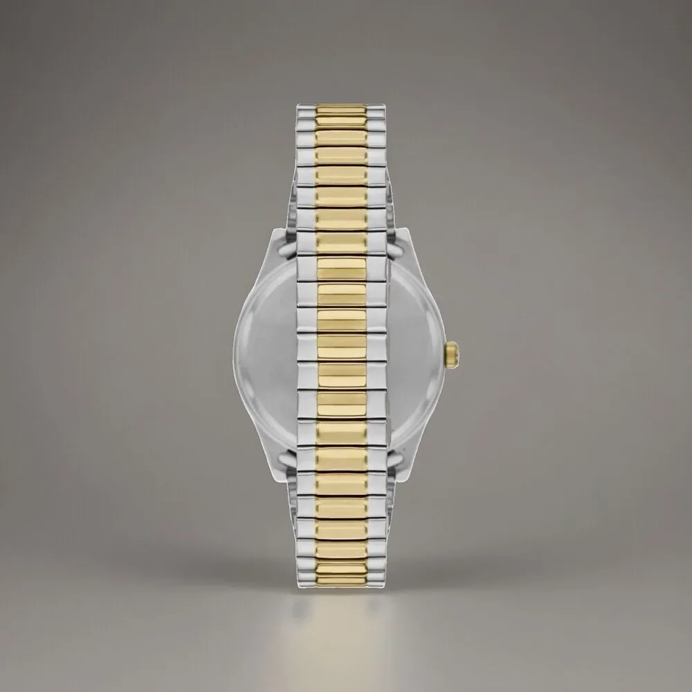 George Mens Watch 2 Tone Silver/Gold Case Blue Easy Read Dial Expansion Band NEW